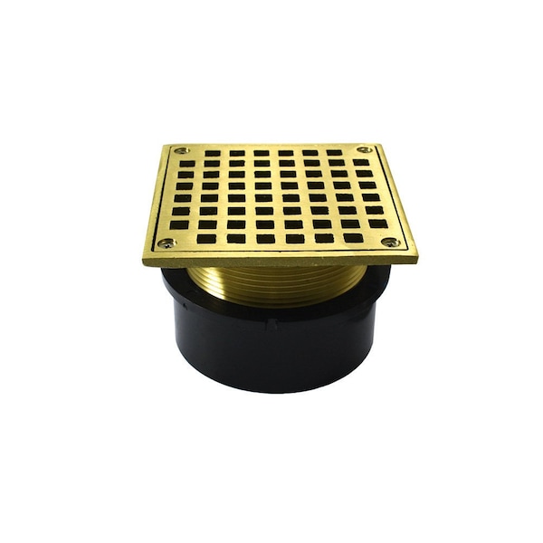 Jones Stephens 4in. ABS Hub Fit Drain Base with 3-1/2in. Metal Spud and 6in. Polished Brass Strainer D53067 - main